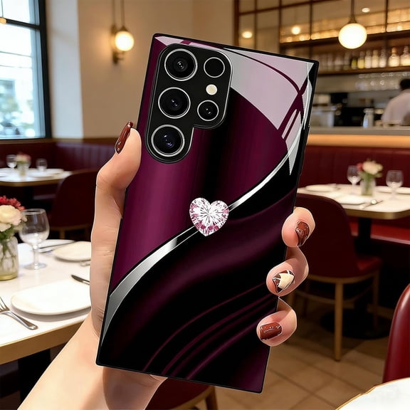 Sparkling Heart Hard Case for Samsung, Luxury Heart Phone Case for Samsung Galaxy, Shockproof Tempered Glass Protective Cove (Black,S25 Ultra)