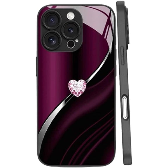 Sparkling Heart Hard Case for iPhone, Personalized Diamond Heart Tempered Glass Case for iPhone 17/16/15/14/13 Pro Max, Shockproof Glitter Protective Cover