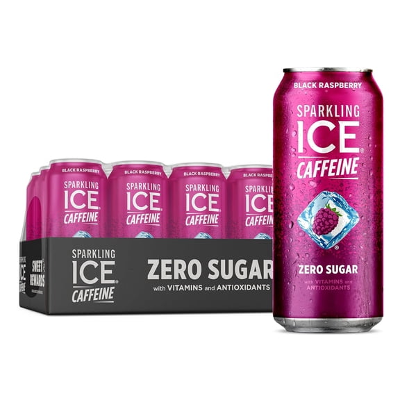 Sparkling Ice +Caffeine Black Raspberry Sparkling Water with Caffeine, Zero Sugar, with Antioxidants and Vitamins,16 fl oz Cans (Pack Of 12)