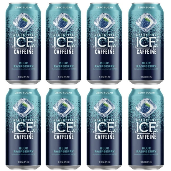 Sparkling Ice +Caffeine Blue Raspberry Sparkling Water, with Antioxidants and Vitamins, Zero Sugar, 16 Fl Oz (Pack of 8)