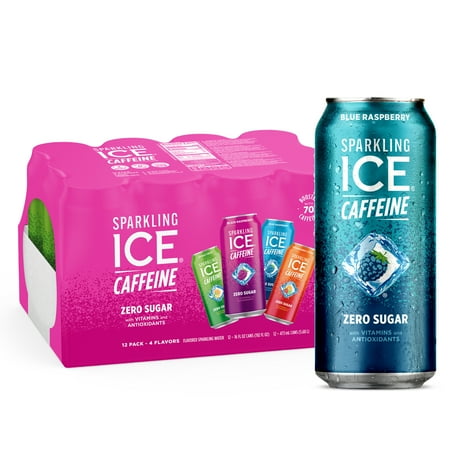Sparkling Ice Caffeine, Variety 12 PK: Black Raspberry/Blue Raspberry/Strawberry Citrus/Citrus Twist, 16oz