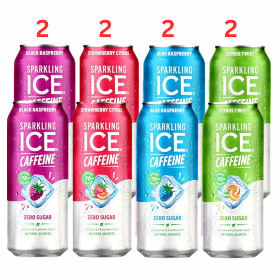 Sparkling Ice Caffeine Variety Pack Sparkling Water Drink, Citrus Twist, Black Raspberry, Blue Raspberry & Strawberry Citrus, Zero Sugar, Vitamins & Antioxidants, 16 fl oz Cans, 8 Pack