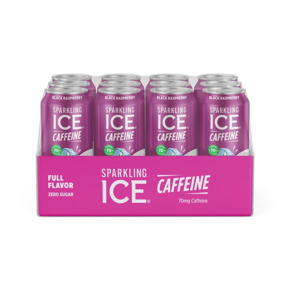 Sparkling Ice Caffeine Black Raspberry, Flavored Sparkling Water, 16 fl oz Cans (Pack of 12)