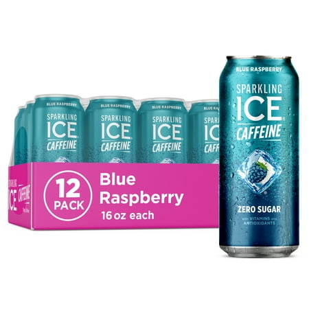 Sparkling Ice Caffeine Blue Raspberry, Flavored Sparkling Water, 16 Fl Oz (Pack of 12)