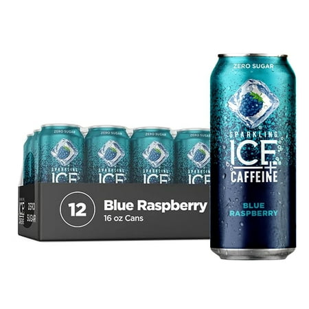 Sparkling Ice +Caffeine Zero Sugar Flavored Sparkling Water, Blue Raspberry Sparkling Water, 16 Fl Oz Can