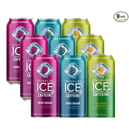 Sparkling Ice +Caffeine Zero Sugar Flavored Sparkling Water with Vitamins and Antioxidants, Variety Pack - Black Raspberry/Blue Raspberry/Citrus Twist, 16 FL Oz Can (Pack of 9)