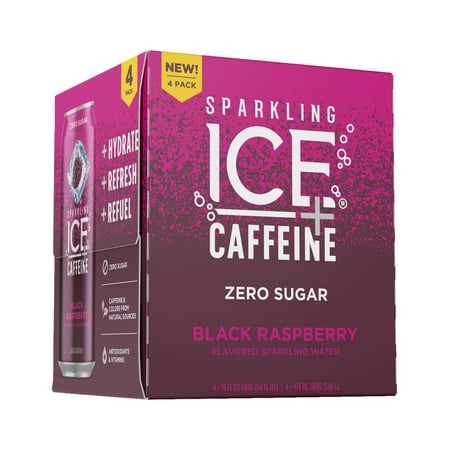 Sparkling Ice Plus Caffeine Black Raspberry 4PK, Zero Sugar, 70mg Caffeine