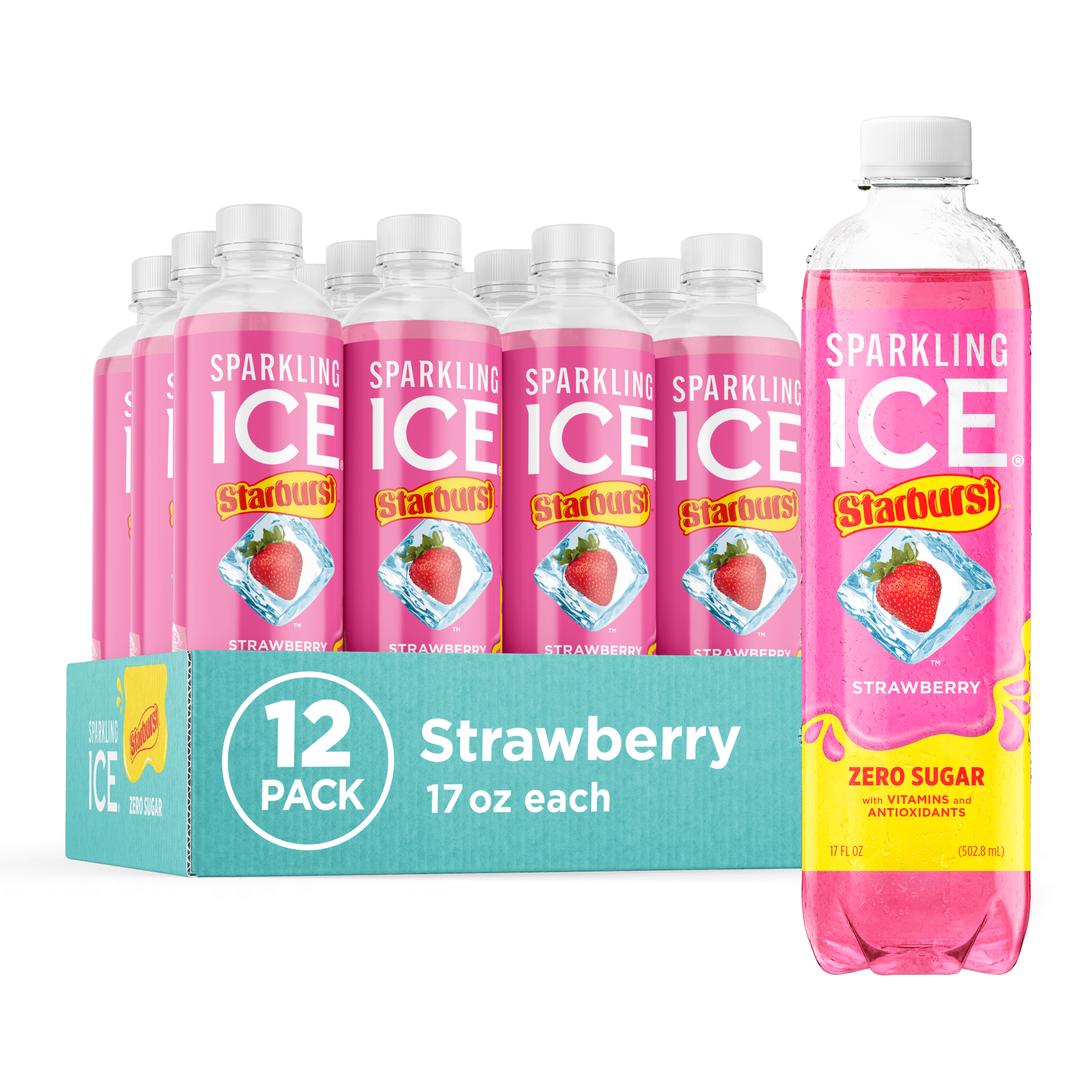 Sparkling Ice STARBURST Strawberry, Sparkling Water, 17 fl oz Bottles (Pack of 12)