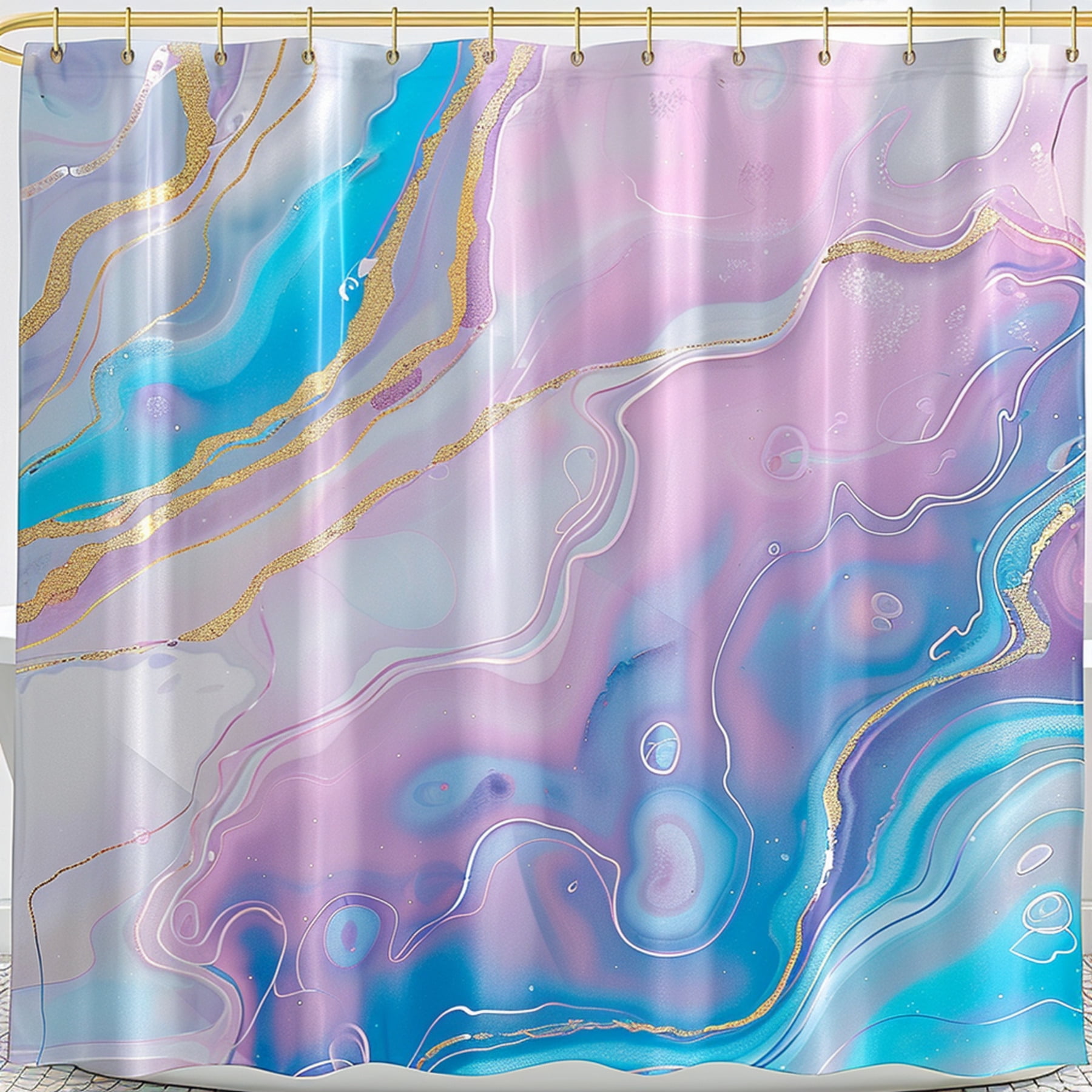 Sparkling Iridescent Marble Print Shower Curtain in Pastel Blue Pink