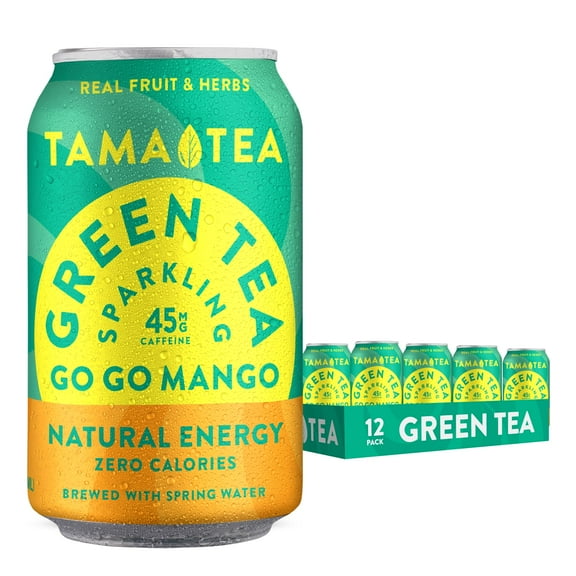 Sparkling Mango Green Tea by Tama Tea - Made with Real Fruit & Herbs - Zero Sugar, Zero Calories, Non-GMO - Naturally Energizing Green Tea High in Antioxidants & Nootropics - Pack of 12