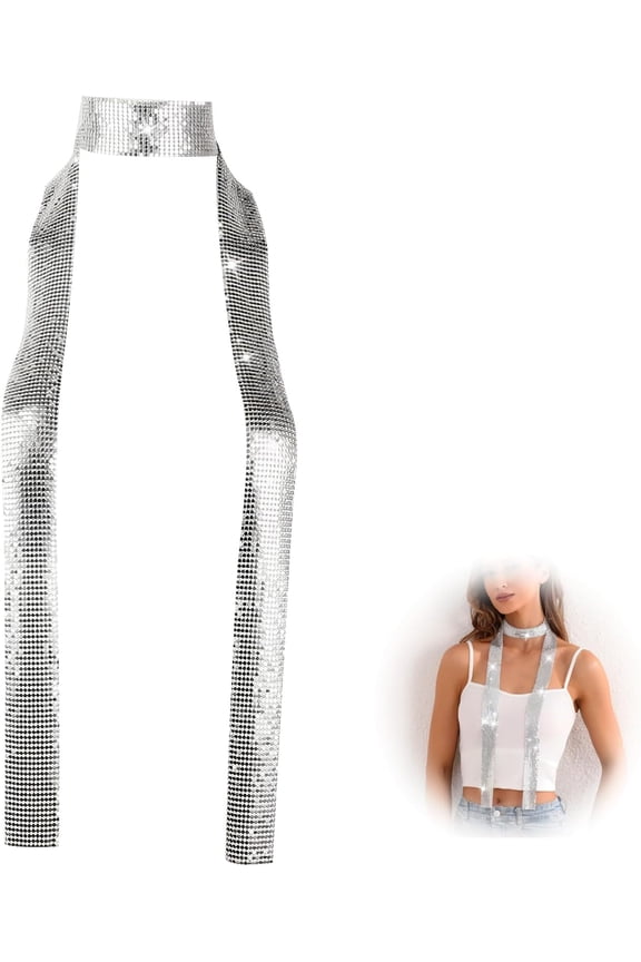 Sparkling Metallic Scarf Silver Shawl - Silver Sequins Neck Scarf for Women, Fashion Accessories - Skinny Long Neckerchief for Wedding, Prom, New Year's Eve & Special Occasions