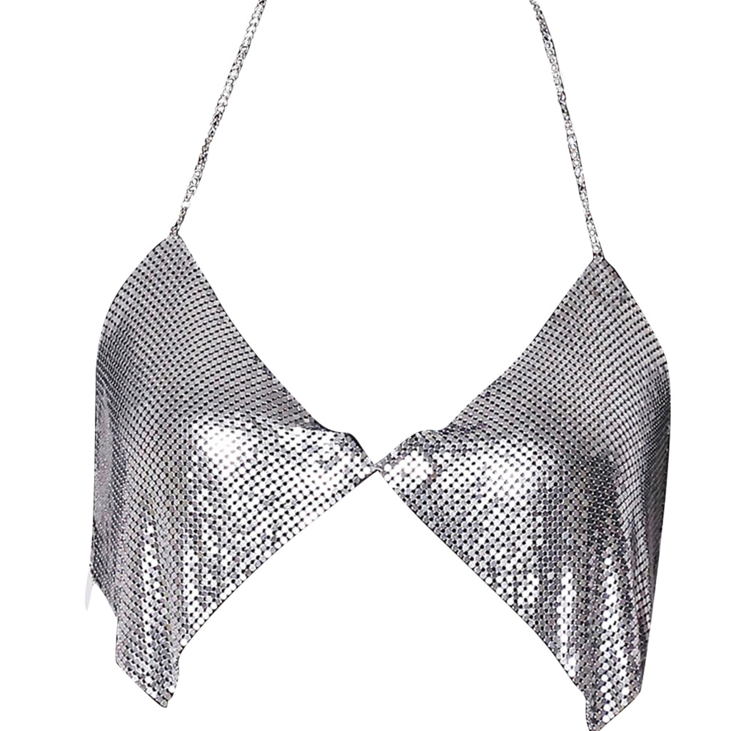 Women Steel Grey Tulle Sequins Sleeveless Crop Top