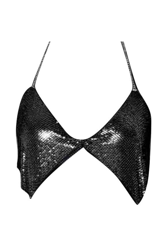 Sparkling Metallic Sequins Halterneck Backless Crop Top for Women Nightclub Festivals Chest Chain Body Jewelry Camisole