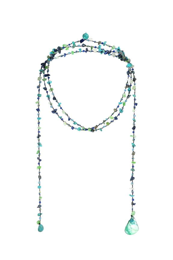 Sparkling Mix of Green Turquoise & Blue Lapis on Cotton Rope Lariat Necklace