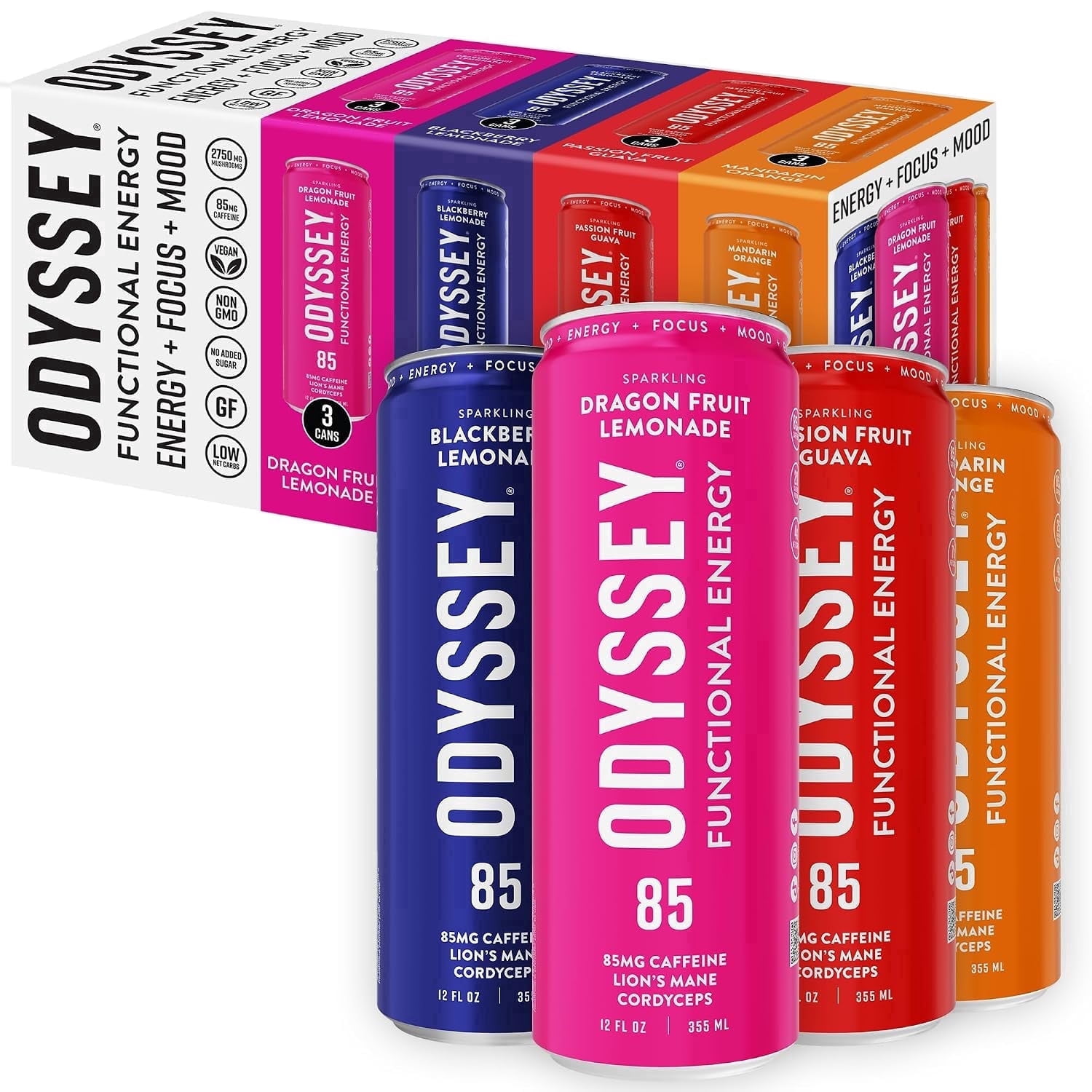 Odyssey Sparkling Mushroom Elixir, Energy and Focus Drink, 12 Cans