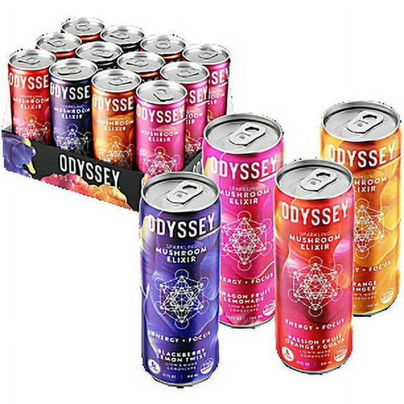 Odyssey Elixir Energy and Focus Sparkling Mushroom Drink - Official Variety Case (Pack of 12) 12fl oz