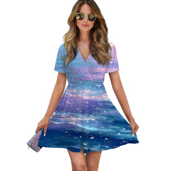 Sparkling Ocean Waves Women Dress V-Neck Short Sleeve Flowy Swing Party Midi Dress