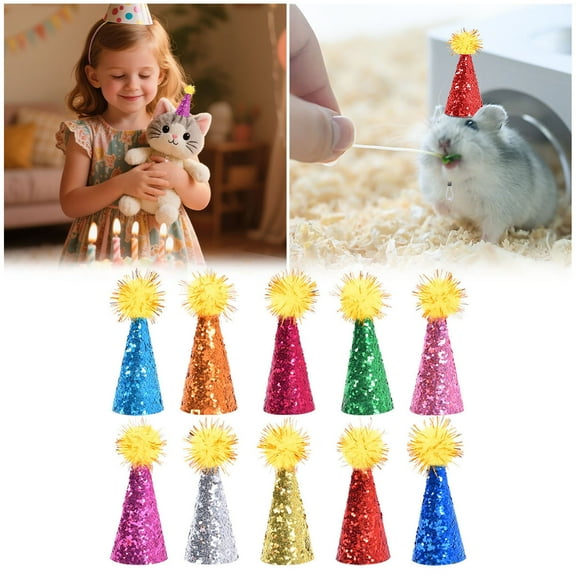 Sparkling Party Hats Set For Small Animal Figures And Dolls With Adjustable Elastic Band For Festive Celebrations 10PCS