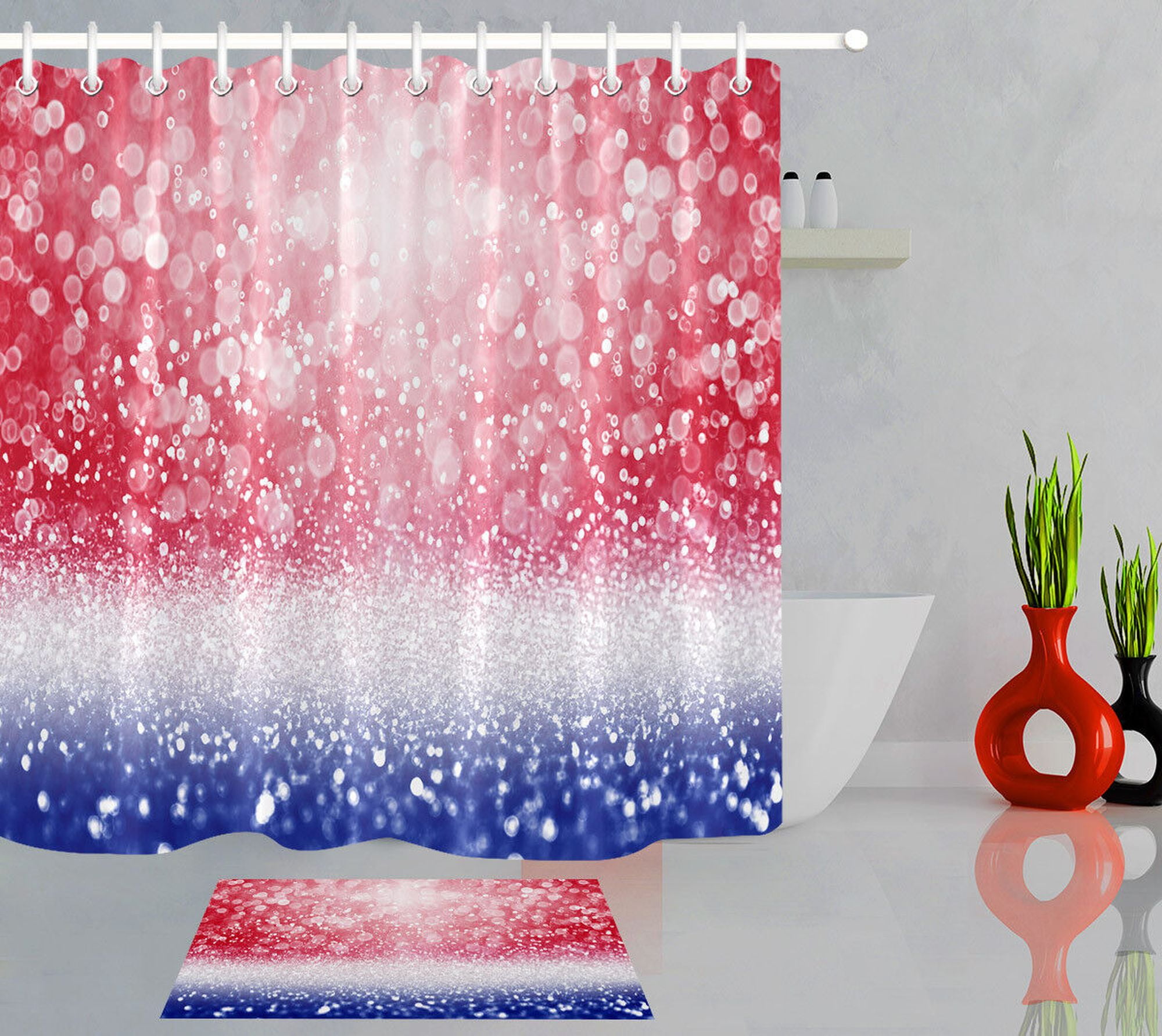 Sparkling Patriotic Shower Curtain Bold Red, White, and Blue Pattern
