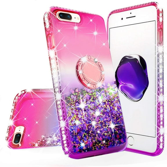 Sparkling Pink Glitter Waterfall Protective Phone Case with Rotating Ring Holder for Apple iPhone X