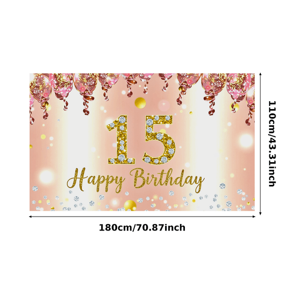 Sparkling Pink and Gold Balloon Themed 15th Birthday Banner Background, Happy Birthday Decoration for Party Supplies Photography Props Photo Backdrop Decorations