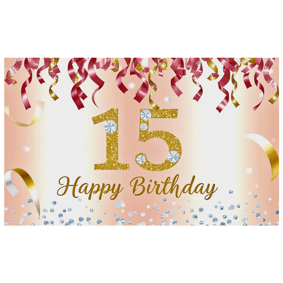 Sparkling Pink and Gold Balloon Themed 15th Birthday Banner Background, Happy Birthday Decoration for Party Supplies Photography Props Photo Backdrop Decorations