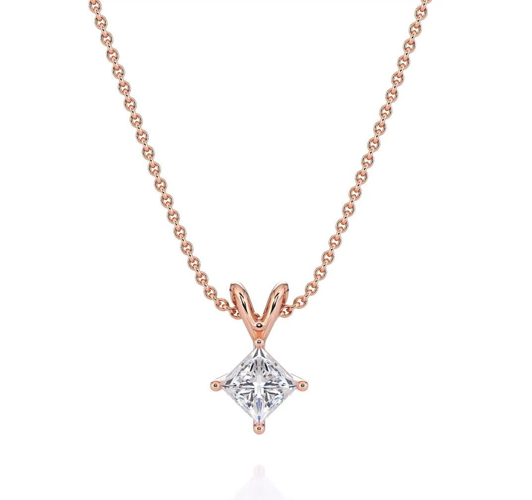 Sparkling Princess Cut Diamond Pendant Necklace in 18K Rose Gold over