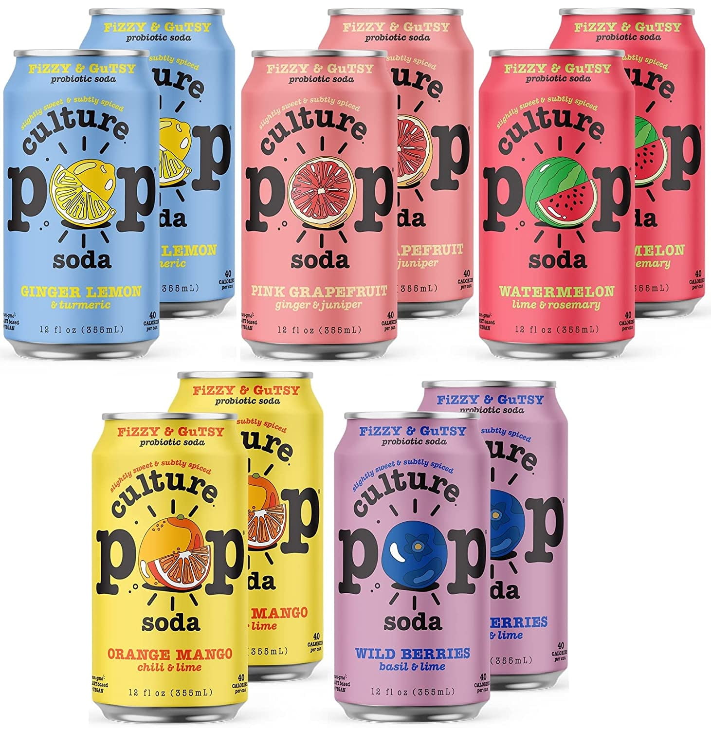 Sparkling Probiotic Soda | 40 Calories per can, Vegan, Non-GMO | 12 Fl ...