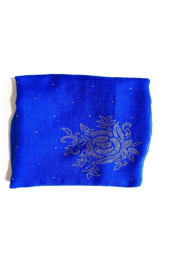 Sparkling Pure Pashmina Royal Blue Scarf With One-Of-A-Kind Floral Crystals Artwork