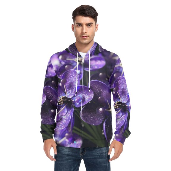 Sparkling Purple Orchid Men’s Hoodies Sweatshirt with Full Zip Pockets Fleece Jackets