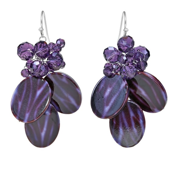 Sparkling Purple Trio Painted Seashell and Crystal Bead Dangle Earrings