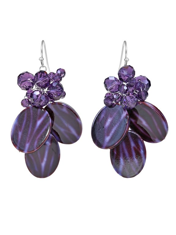 Sparkling Purple Trio Painted Seashell and Crystal Bead Dangle Earrings