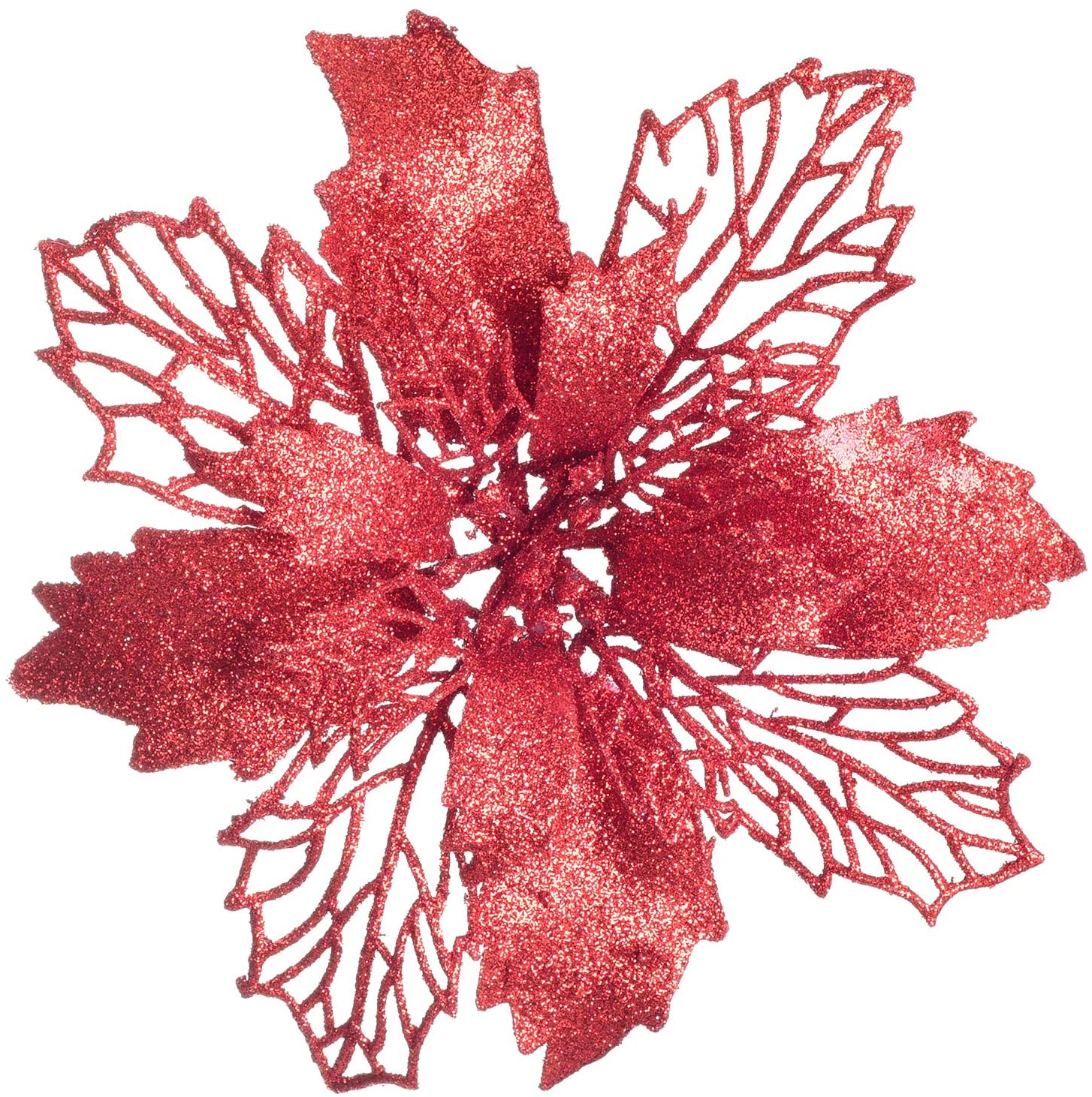 "Sparkling Red Glitter Poinsettia Christmas Flowers Set of 16