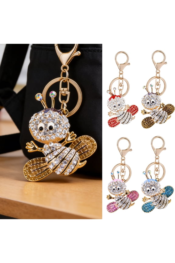 Sparkling Rhinestone Bee Keychain Cute Animal Key Ring Bag Charm with Lobster Clasp for Handbag Purse Wallet