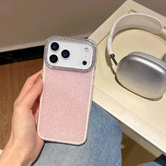 Sparkling Rhinestone Camera Ring & Glitter Back Shockproof Case for iPhone 17 Pro Max ,Simple Style Phone Case，Pink
