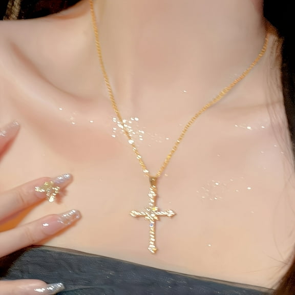 Sparkling Rhinestone Cross Pendant Necklace - Y2K Bling Style, Adjustable Chain, Perfect for Parties & Gifts,Golden Yellow 1