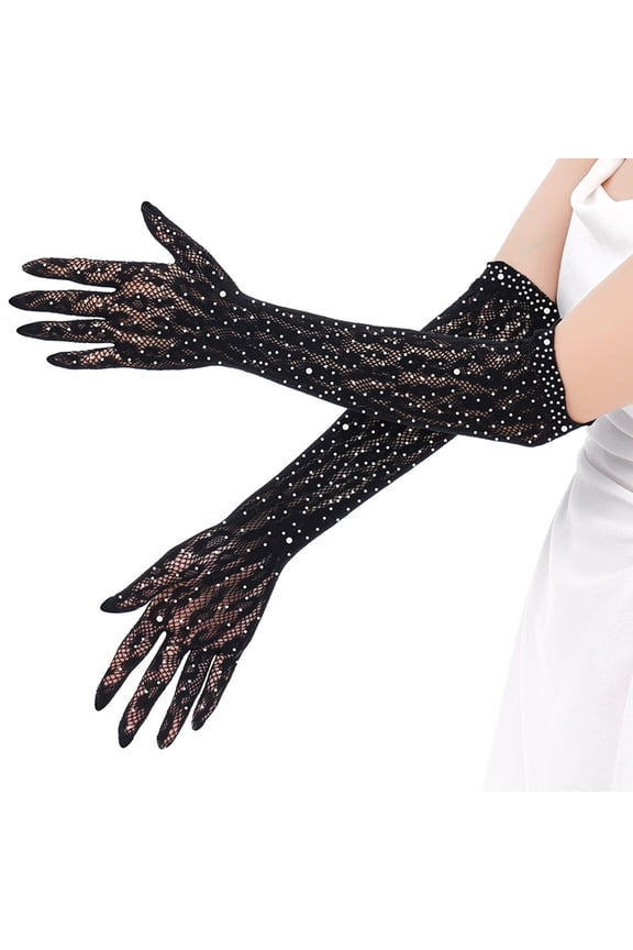 Sparkling Rhinestone Decorated Lace Gloves For Photoshoots And Fashion Occasions