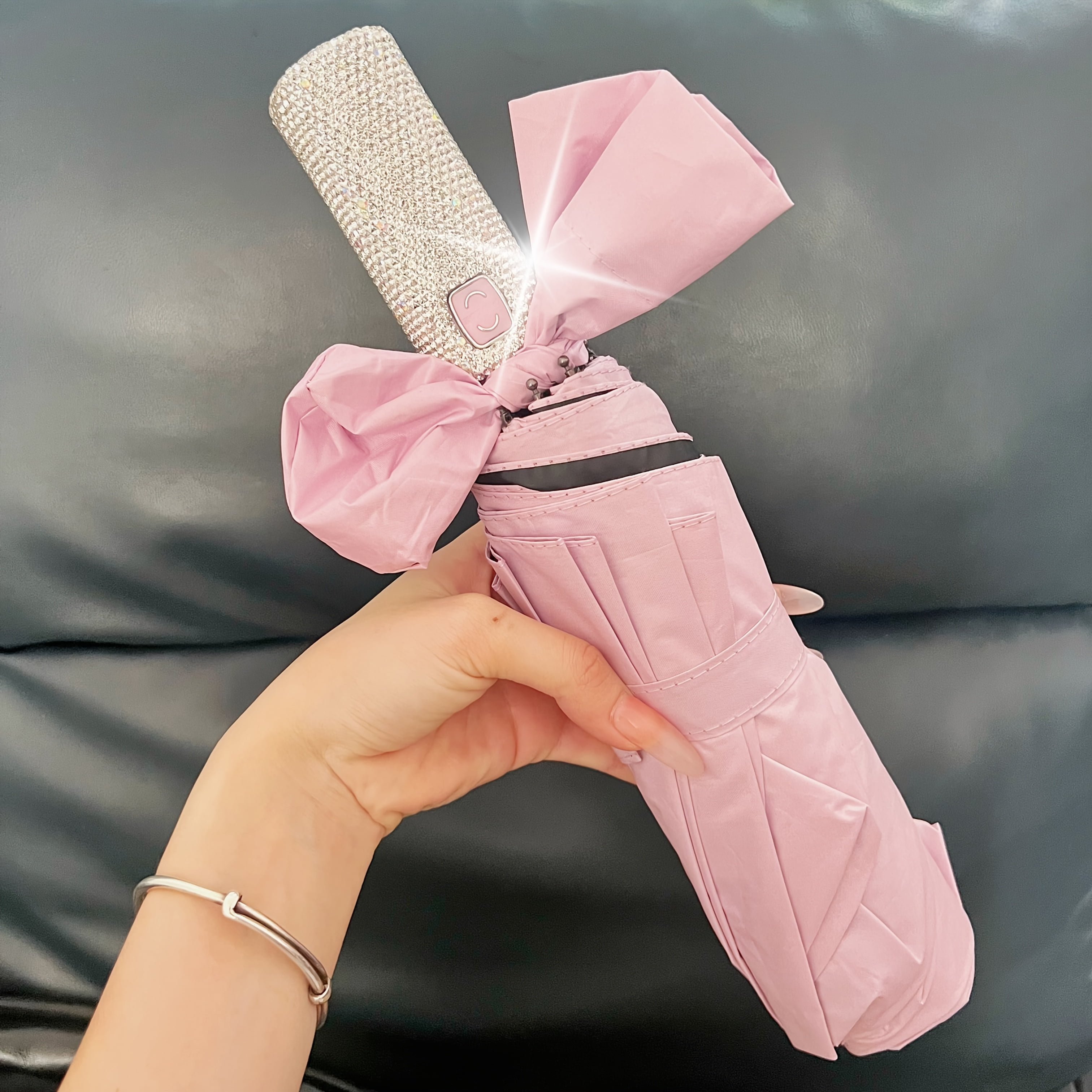 Sparkling Rhinestone-Decorated Pink UV Protection Automatic Open Compact Foalding Umbrella with Elegant Bow Handle - 10-Rib Durable Lightweight Portable Design for Women, Casual & Formal Use