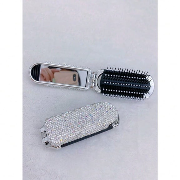 Sparkling Rhinestone Foldable Hair Brush with Mirror, Compact 2-in-1 Travel Comb for On-the-Go Styling