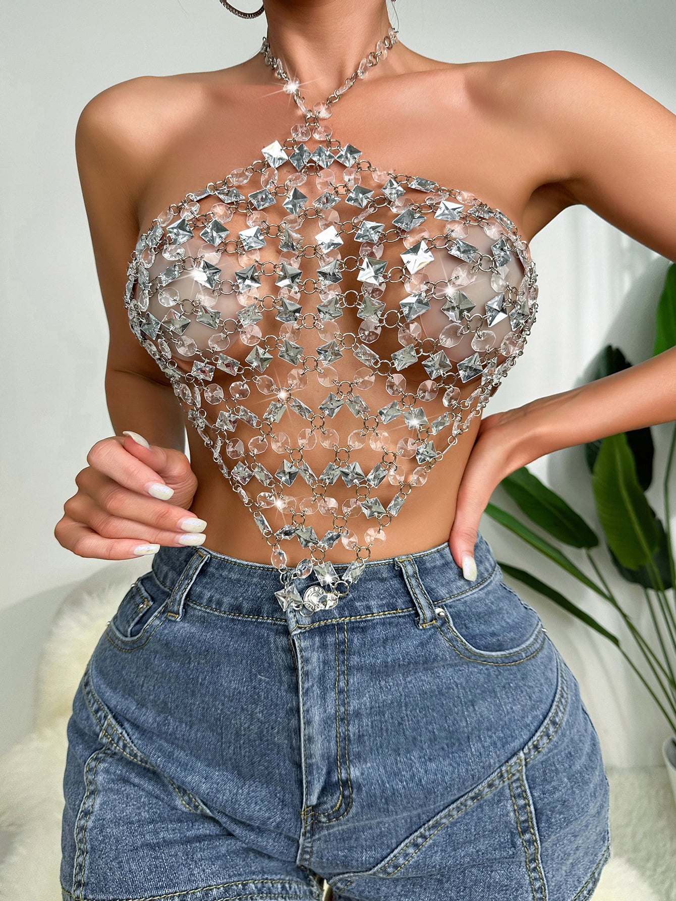 Heart Shaped Cut Out Rhinestone Halter Top, Chic Ribbed Slim Crop Sleeveless Knitted Top For Summer, Women's Clothing