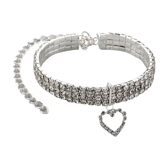 Sparkling Rhinestone Pet Collar with Heart Pendant - Adjustable Crystal Diamond Neckstrap for Small Dogs and Cats - Elegant Bling Jewelry for Weddings, Parties, and Holidays
