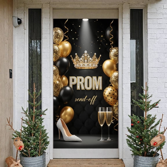 Sparkling Rhinestone Prom Banner Gold & Black Royal Crown Design Prom Backdrop Luxurious Prom Display for Prom Send-off High School Graduation Party Glamorous Indoor Party
