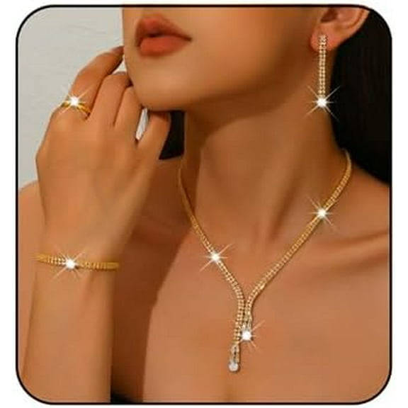 Sparkling Rhinestone Tassels Earrings Necklace Ring Bracelet Set Elegant Crystal Earrings Necklace Bracelet Sets Bridal Wedding Prom Party Costume Jewelry for Women