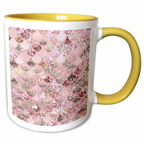 3drose, Sparkling Rose Gold Shiny Luxury Elegant Mermaid Scales Glitter Effect, 15oz Two-tone Yellow Mug