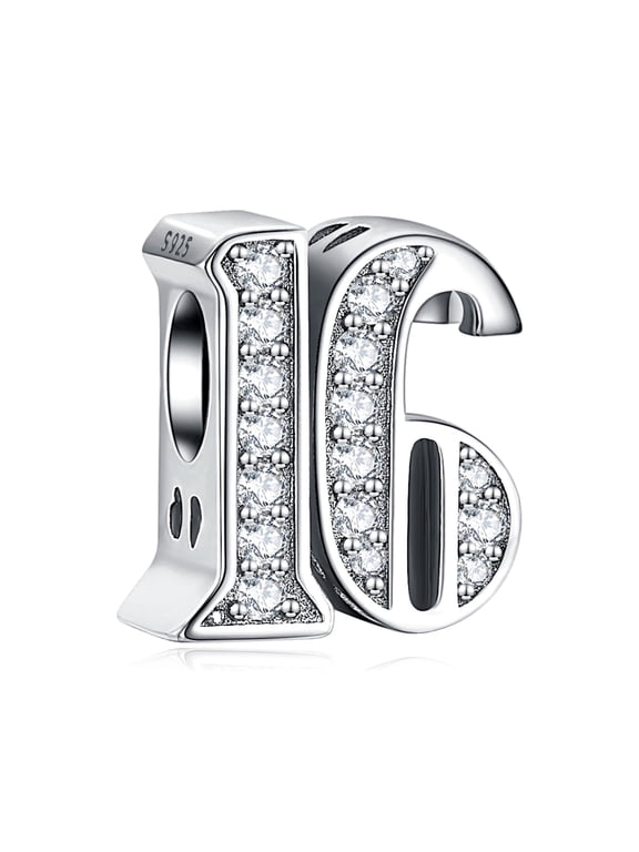 Sparkling S925 Clear Pave Number 16 Bead Charm for Women Moment Charm Bracelet