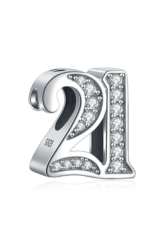 Sparkling S925 Clear Pave Number 21 Bead Charm for Women Moment Charm Bracelet