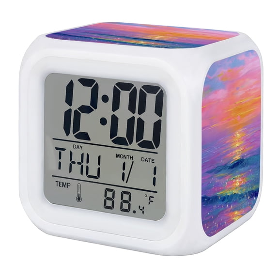 Sparkling Sea Digital Alarm Clock for Bedrooms, Smart LED Alarm Clock with 7 Color Changing Night Light, Summer Beach Abstract Fantasy Art Silent Wake Up Clocks for Sleep Study Cooking 3.2"x3.2"