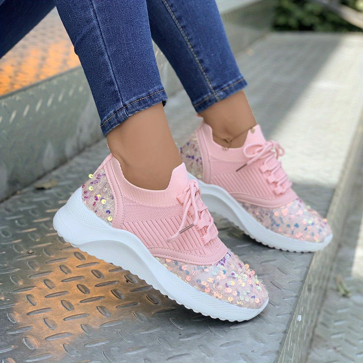 Sparkling Sequin Sneakers for Women Comfortable Low Top Running Shoes for Music Festivals and Sports Women s Size 8 Pink