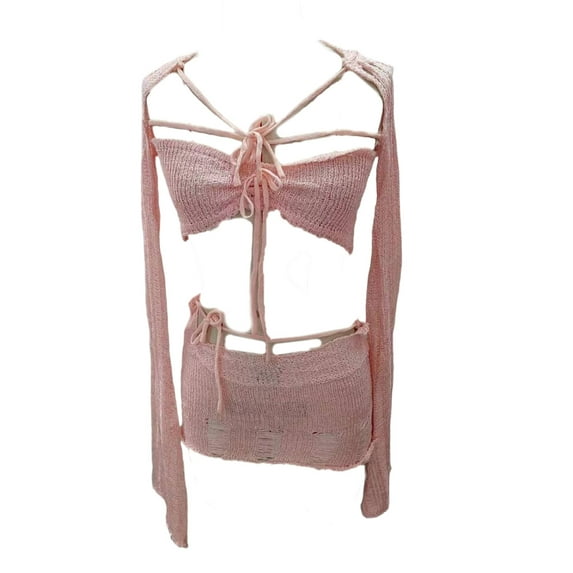 Sparkling Sequined Beachwear Hollowed Knit Tube Top and Short Skirt Swimsuit Set with Crochet Shrug Coverup for Women
