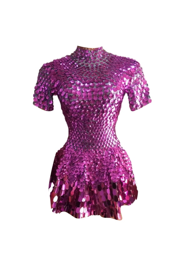 Sparkling Sequined Dance Performances Dresses Stage Show Outfit for Dancers and Performers Short Sleeved Tight Skirt